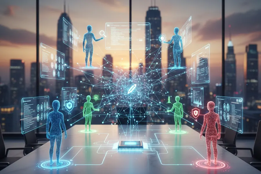 A conceptual visualization of multiple AI agents collaborating through a holographic neural network interface, representing multi-agent frameworks and orchestration.